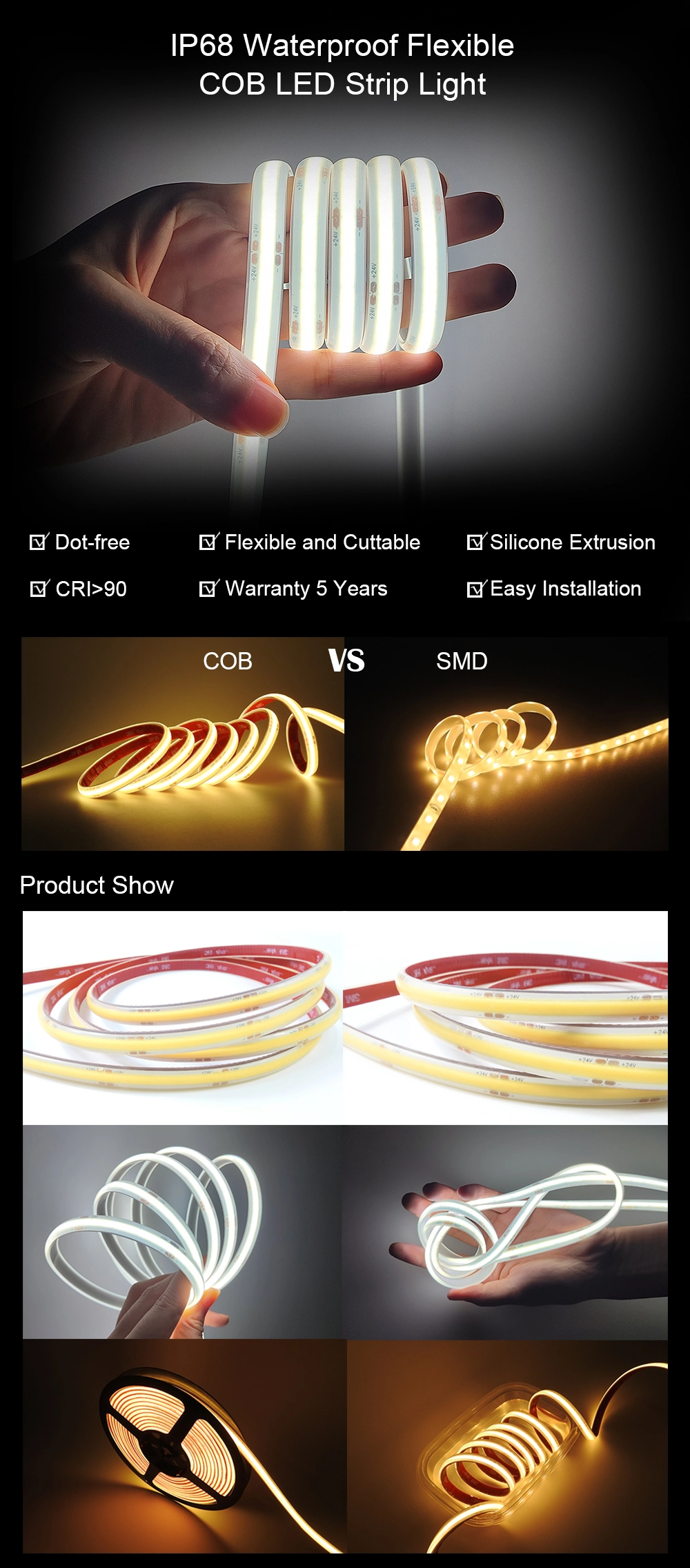 IP68 LED Strip Light 24V COB LED Light Strip for Decoration Light